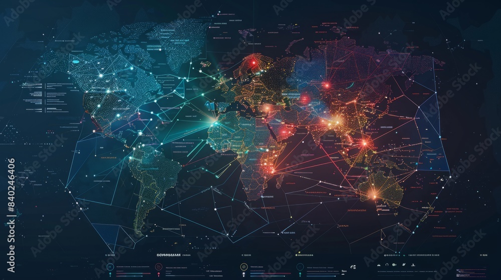 Poster a digital representation of the world map with interconnected lines depicting the flow of data and i