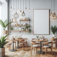 A space for restaurants cafe drinks and fast food room with poster mockup white combined with tables and chairs and plants creative Vibrant creative.