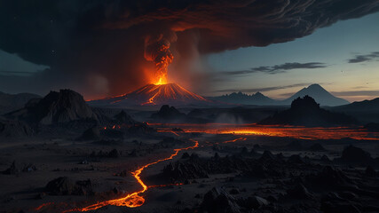 A volcanic eruption on a desolate alien planet spews molten rock and ash into a sky filled with two moons