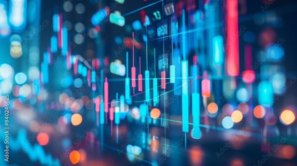 Poster a close-up shot of a screen displaying stock market data with a blurred background of city lights.