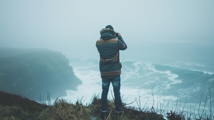 A lone figure stands at the edge of a cliff, photographing a dramatic seascape shrouded in fog, summer vacation. - Powered by Adobe