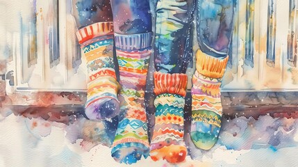 Wide-angle view of a woman and a child with brightly patterned woolly socks, enjoying radiator heat on a cold winter day, rendered in watercolor for a soft, warm effect