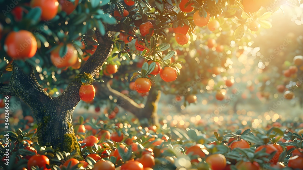 Poster a tree full of oranges is shown in a field. the oranges are ripe and ready to be picked. the scene i