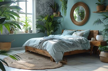 The bedroom features a large bed with a white comforter, a mirror on the wall, and several green plants. The room has a cozy and inviting atmosphere.