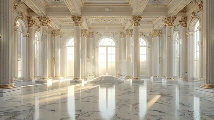 Fototapeta premium An elegant white marble podium in a classical museum-like environment, surrounded by ornate columns and soft, ambient lighting, centered with ample copy space.