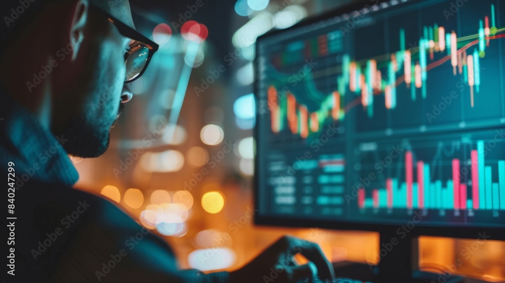 Poster a man sits in front of a computer, studying financial data displayed on the screen. the room is dark