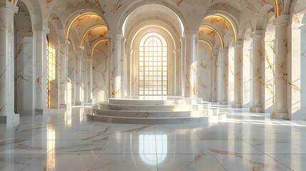 Fototapeta premium An elegant white marble podium in a grand museum-like setting, featuring classical architecture and soft, warm light, positioned centrally with ample copy space.