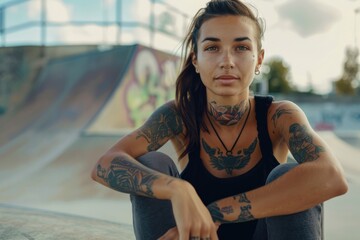 A woman with tattoos sitting on a skateboard ramp, wearing casual clothing and a relaxed expression