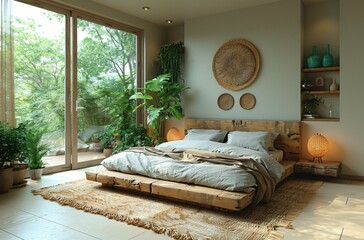 The bedroom features a large bed with a wooden headboard, a window with a view of trees, and a rug on the floor. There are also potted plants and a vase in the room, adding to the cozy atmosphere.