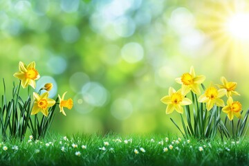 A cluster of bright yellow daffodils growing among green grass