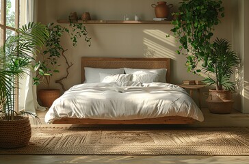 The bedroom features a large bed with a white comforter and pillows, and a plant nearby. The room also has a wooden headboard and a rug on the floor.