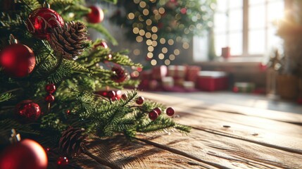 A detailed view of a decorated Christmas tree standing on a wooden table