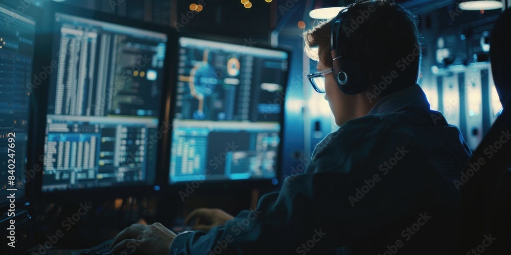 Aufkleber a person sitting in front of several computer screens with keyboards and monitors