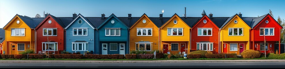 A row of colorful houses with different colors, including blue, yellow, and orange, lined up on a street. The houses have windows and are situated next to each other.