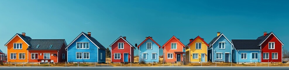 A row of colorful houses with blue, red, and orange exteriors, set against a clear blue sky.