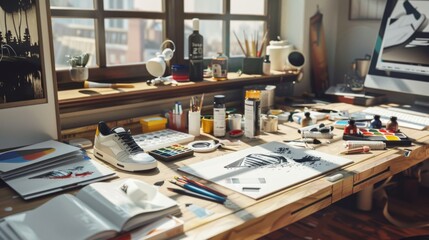 Custom Sneaker Studio Personalized Footwear Creations with Paint Brushes and Business Cards