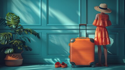 The concept of travel was illustrated on a blue background with a suitcase full of travel accessories. The rendering is in 3D.