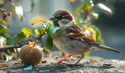 A small bird eating fruit from a tree branch.