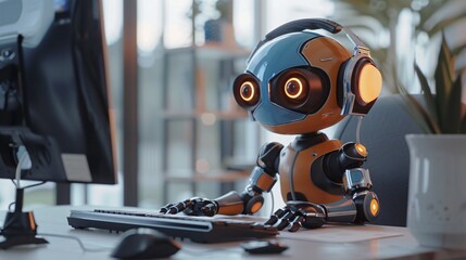 A cute robot with headphones, seated at an office desk, intently typing on the keyboard while focused on the computer screen.