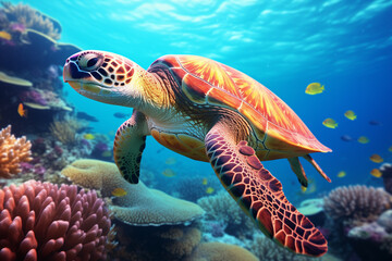 Obraz premium Sea turtle swims over a colorful coral reef