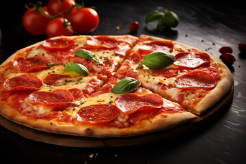Sliced pepperoni pizza on a wooden table