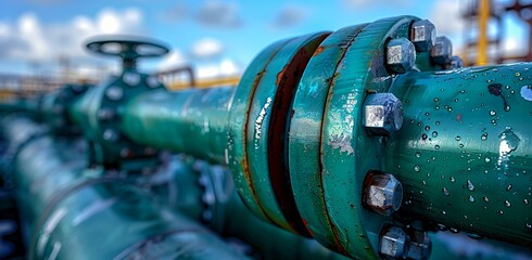 A large green pipe with rust and a blue sky in the background.