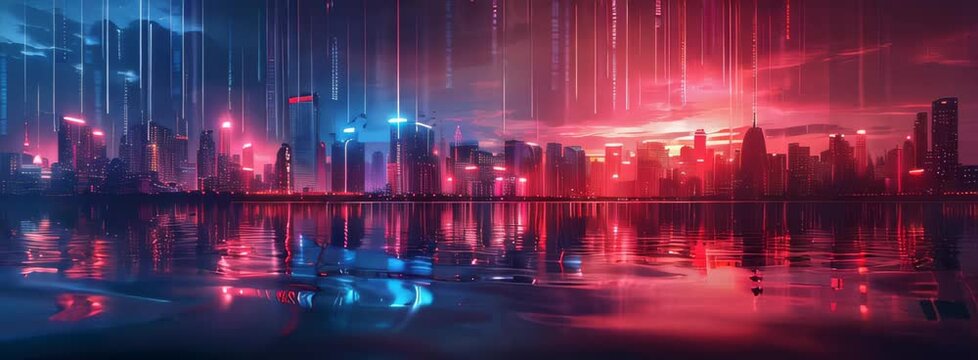 Nighttime Cityscape With Neon Lights Reflecting On Water