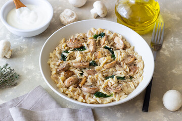 Orzo pasta with mushrooms and spinach. Italian Cuisine. Vegetarian food.