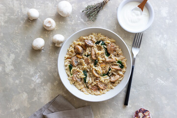Orzo pasta with mushrooms and spinach. Italian Cuisine. Vegetarian food.