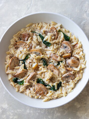 Orzo pasta with mushrooms and spinach. Italian Cuisine. Vegetarian food.
