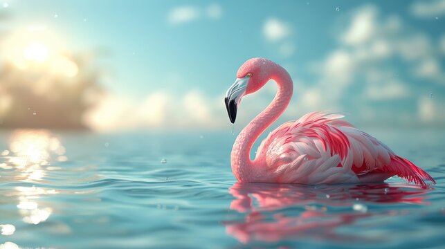 A polygon flamingo floats on the water in a creative summer concept. The rendering is in three dimensions.