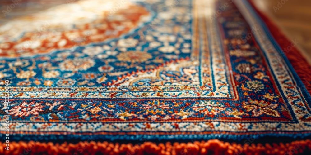 Poster a close-up view of a colorful persian rug with intricate floral patterns