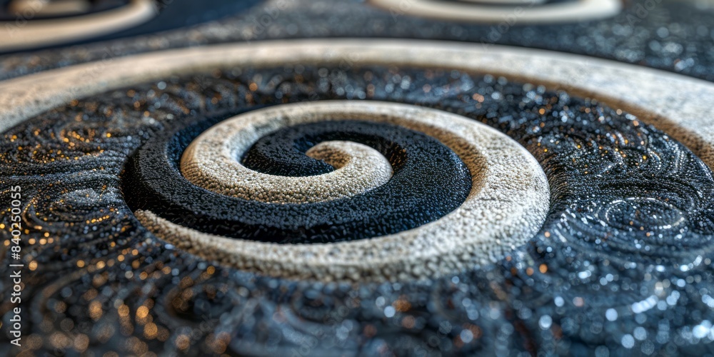 Poster a close-up view of a intricate black and white spiral pattern, highlighting its texture and detail