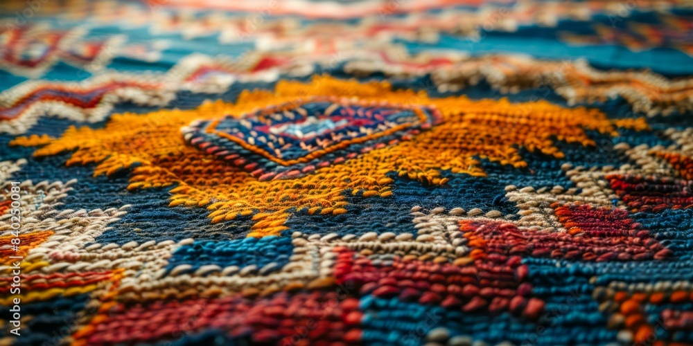 Poster close up of a colorful woven rug with intricate patterns