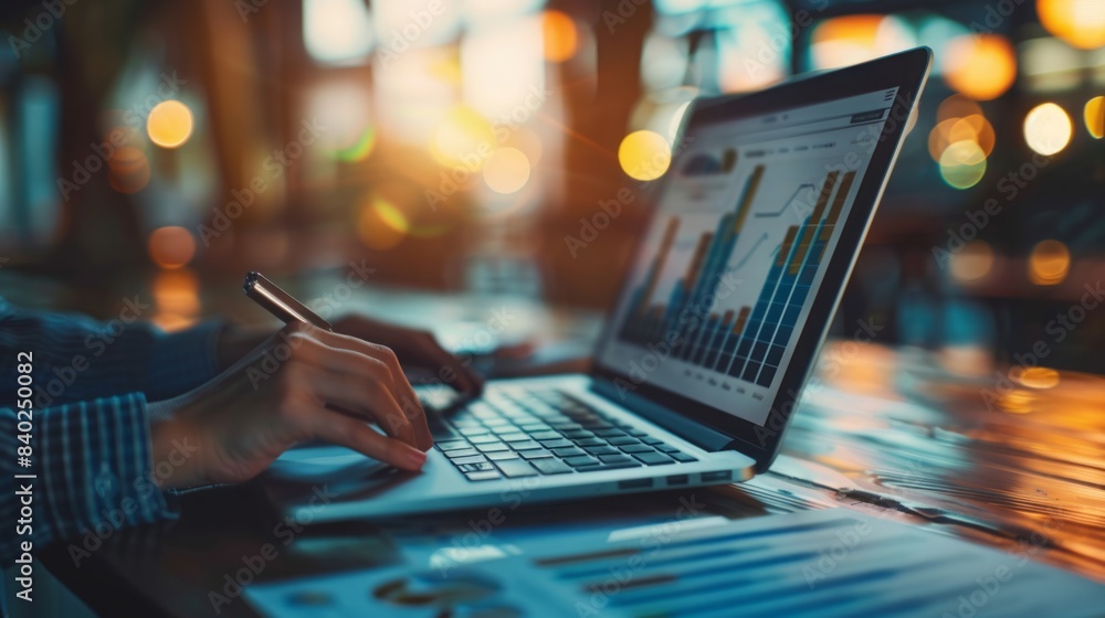 Poster a person uses a laptop to analyze data with charts and graphs on the screen. the person is sitting a
