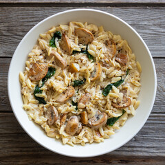 Orzo pasta with mushrooms and spinach. Italian Cuisine. Vegetarian food.
