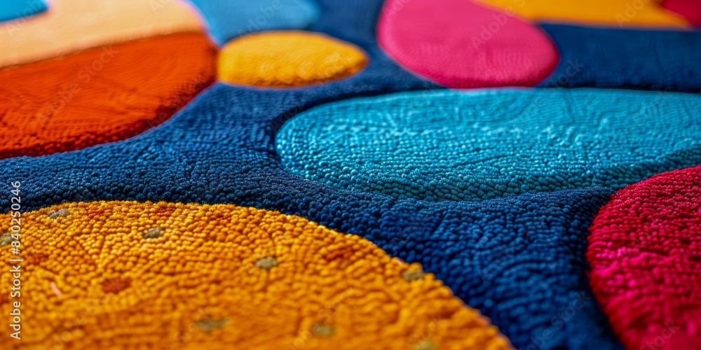 Poster a close-up shot of a colorful rug with circular shapes, showcasing the texture and detail