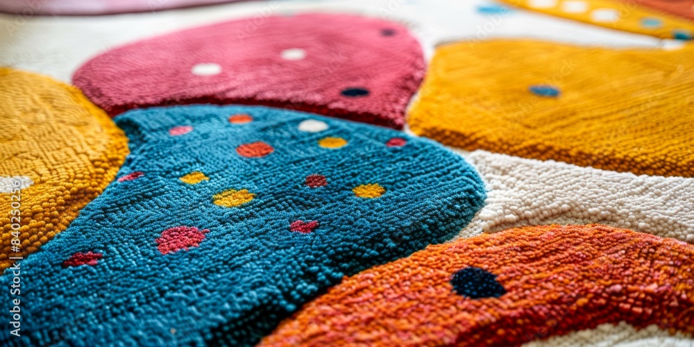 Poster a close-up image of a colorful rug with a polka dot pattern