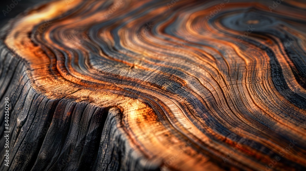 Poster a close-up image of the intricate grain pattern on a tree stump