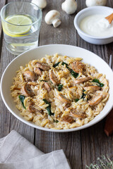 Orzo pasta with mushrooms and spinach. Italian Cuisine. Vegetarian food.