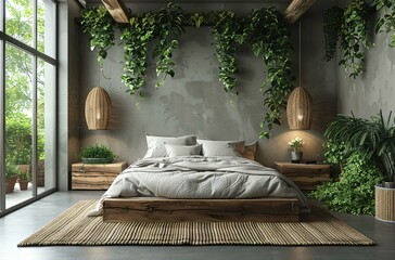 The bedroom features a large bed with a wooden frame and a white comforter. 