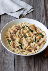 Orzo pasta with mushrooms and spinach. Italian Cuisine. Vegetarian food.