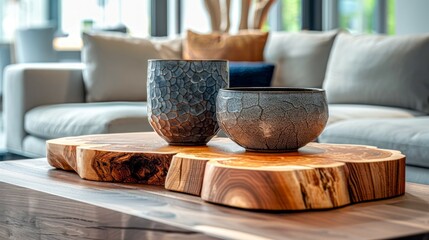 Two blue ceramic bowls and a pitcher sit on a wooden serving tray on a coffee table - Powered by Adobe