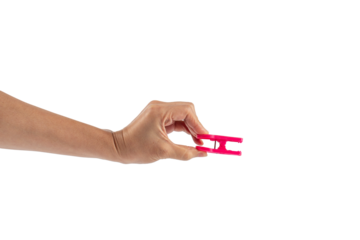 Close up of clothes peg in hand on transparent background