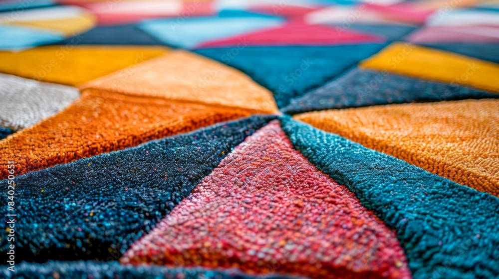 Poster close-up view of a textured, multicolored rug with a geometric pattern