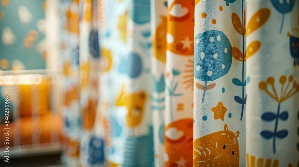 Poster closeup of colorful curtains with a playful pattern in a nursery setting
