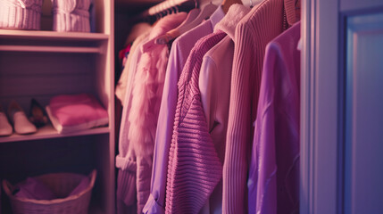 Closeup of an opened wardrobe with full of clothes in purple color tone and cozy style.