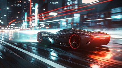 Fototapeta premium Concept sports car races through a neon-lit cityscape, exhibiting motion blur and modern design