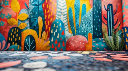 A vibrant, abstract mural depicting a stylized forest with a stone floor in the foreground