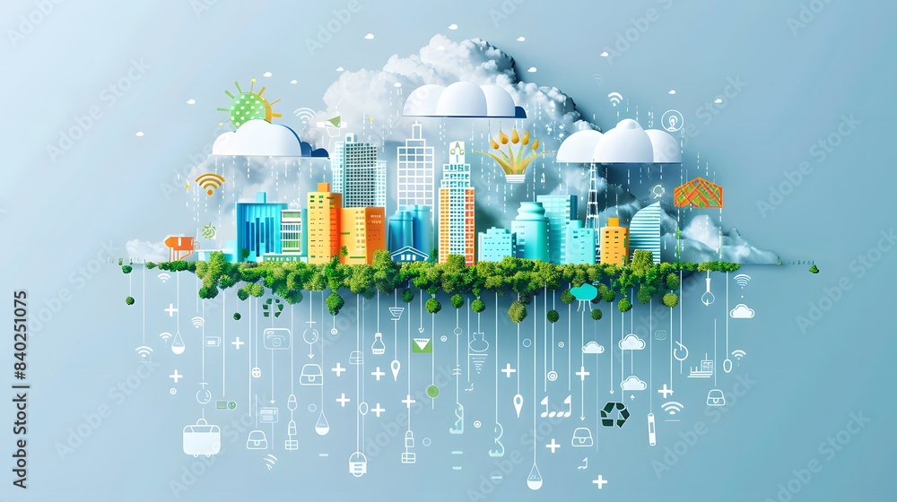 Poster a cityscape with a cloud in the background and a lot of icons on the bottom. the icons include a car